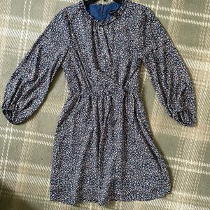 Banana Republic blue pink floral ruffle neck tie waist balloon sleeve dress 8